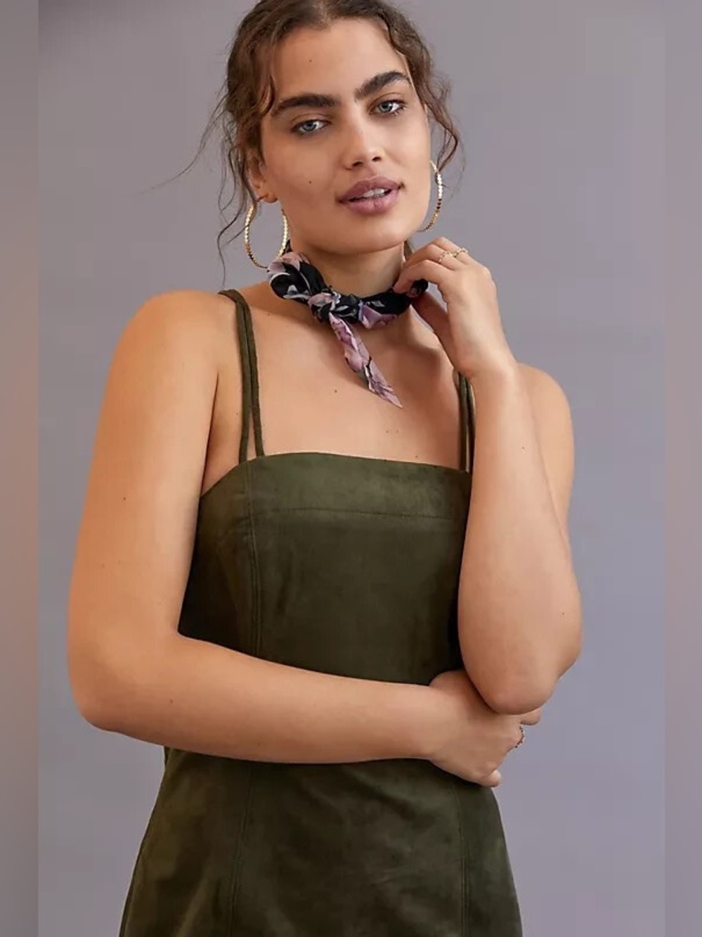 Anthropologie Moss Green Suede-Look Slip Dress with Thin Straps